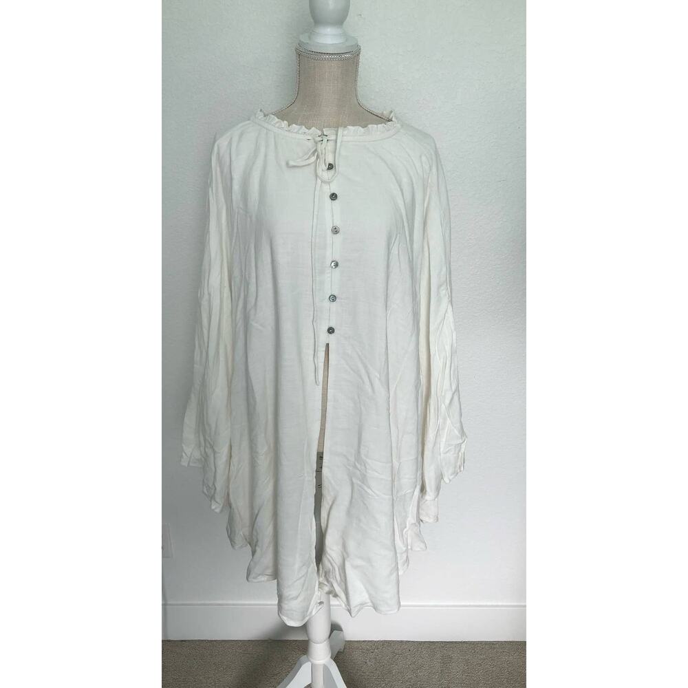 Lulu's Button Down Linen Blend White Open Front Cape - XS